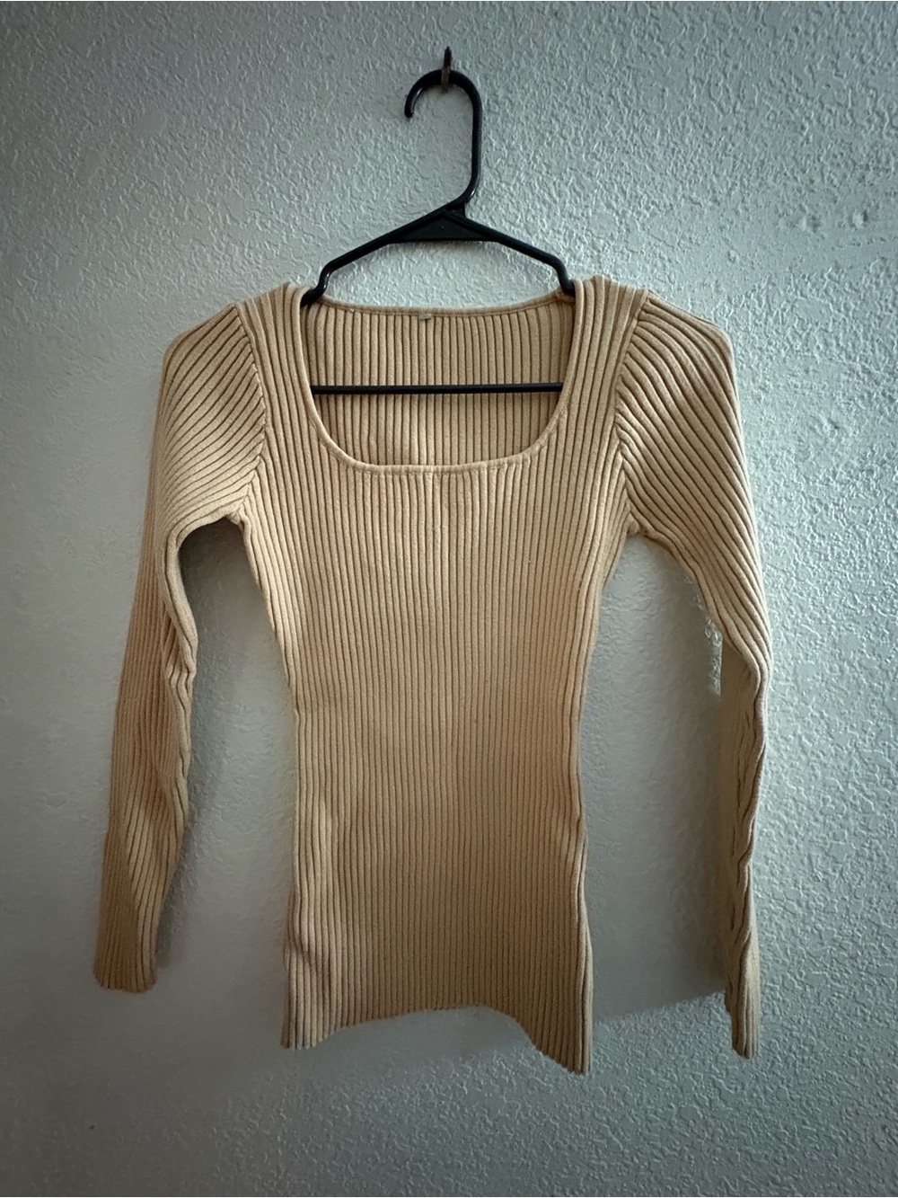 Ribbed Square-Neck Long Sleeve Top - Cream